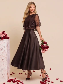Amorya Women's Mesh Patchwork Top And Solid Color Skirt Fashion 2 Pieces Set - Brown - View 6