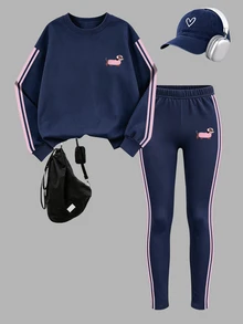 1套青少年女孩可愛狗狗印花2件套服裝，海軍藍與粉色側條紋運動衫 + 配套側條紋內搭褲，休閒秋冬套裝 - 彩色 - 查看 2