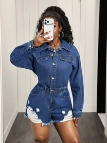 BamGleam Women's Long Sleeve Single-Breasted Casual Distressed Denim Romper - Dark Wash - View 8