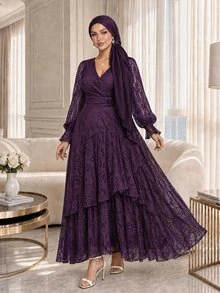 Auveirra Plus Size Women V-Neck Long Sleeve Patchwork Ruffle Elegant Lace Dress Fall - Purple - View 4