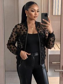SHEIN Lady Plus Size Autumn Fashion 3D Floral Decor Mesh Jacket - Black - View 3