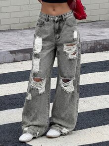 SHEIN Teen Girl Pocket Distressed Wide Leg Loose Casual Denim Jeans - Light Grey - View 2