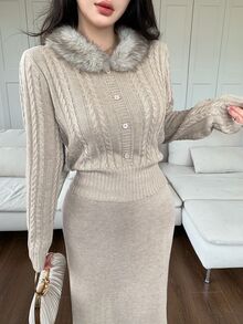 Feyla Women's Autumn/Winter Elegant Fur Collar Sweater & Knitted Skirt 2 Pieces Set - Apricot - View 5