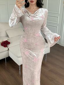Feyla Women's Cowl Neck Flared Sleeve Butterfly Embroidered Elegant Midi Dress - Apricot - View 3