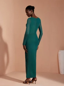 JIAN LASALA Gaun Midi Lengan Panjang Jala dengan Detail Kerut dan Tumpang Tindih, Elegan untuk Liburan dan Pesta - Dark Green - View 2