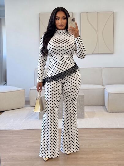 Poshavie Poshavie Plus Size Elegant Casual Polka Dot Lace Spliced TwoPiece Set Long Sleeve Top & Flared Trousers