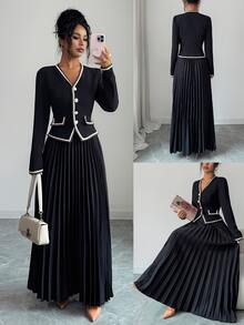 Elenzga Women's Contrast Color Trim V-Neck Long Sleeve Jacket And Long Pleated Skirt Elegant Set - Black - View 1
