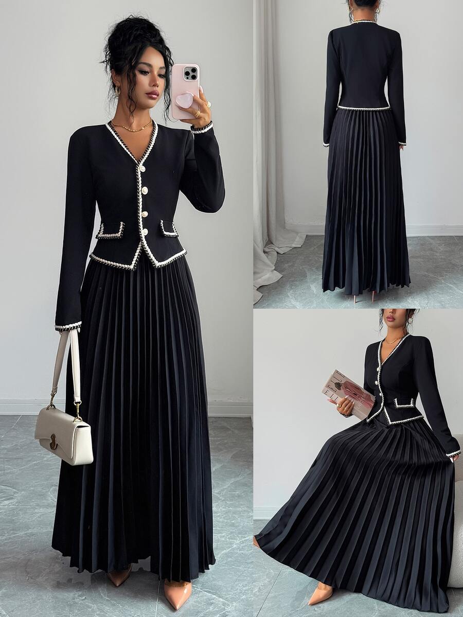 Elenzga Women's Contrast Color Trim V-Neck Long Sleeve Jacket And Long Pleated Skirt Elegant Set - Black - View 1