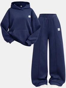 SHEIN Girlism 2件組青少年女孩純藍色冬季休閒度假返校復古寬鬆圖案秋季連帽衛衣與運動長褲保暖運動套裝 - 藏蓝色 - 查看 3