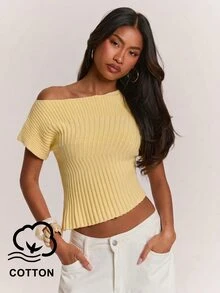 SHEIN BAE 法式風露肩羅紋短袖針織上衣，女款夏季薄款修身顯瘦短版上衣，百搭優雅上衣 - 黃色 - 查看 1