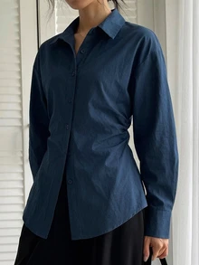 DAZY Blusa de mujer con cuello de solapa y cintura ceñida, estilo casual de negocios, nueva para otoño - Azul Marino - Ver 1