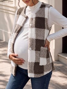 SHEIN Jaket Hamil Tipis Motif Kotak-kotak, Jaket Kasual Lengan Panjang dengan Kancing, Musim Dingin - Coklat - View 6