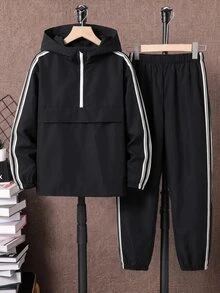 SHEIN 2件組青少年男孩半拉鍊連帽外套與慢跑長褲，黑色，夏季，街頭休閒圖案街頭時尚，加厚抓絨運動套裝，旅行 - 彩色 - 查看 4