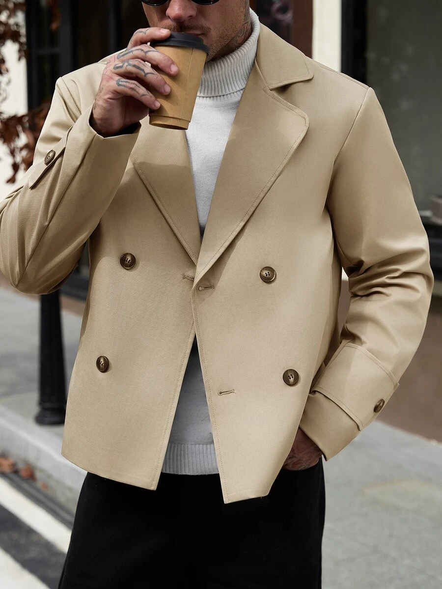 Manfinity CasualCool Men's Casual Solid Color Double-Breasted Trench Coat Jacket - Khaki - View 1