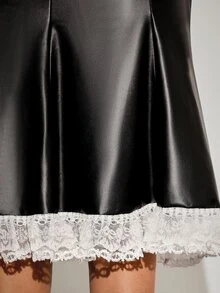 Orbivine Plus Size Women's Lace Patchwork PU Leather Fashion Goth Sexy Versatile Skirt Halloween Party Night Black And White Autumn Fall - Black - View 3