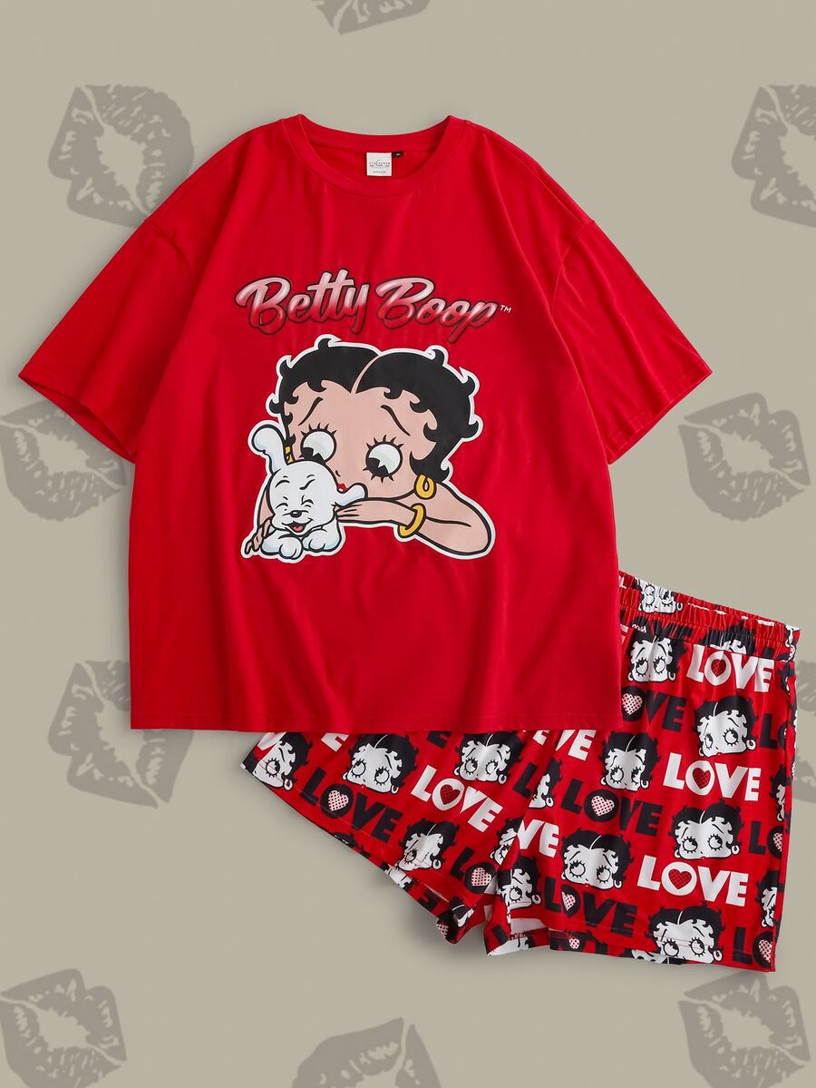 Betty Boop x SHEIN Plus Size Women's Short Sleeve T-Shirt And Shorts Pajama Set - Red - View 1