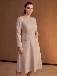 MOTF PREMIUM PLUS SIZE WOMEN'S LONG SLEEVE MID-LENGTH DRESS, AUTUMN/WINTER - Khaki - View 7