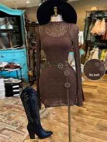 SHEIN Women's Long Sleeve Lace Fitted Mini Dress With Camisole Dress Set - Brown - View 1