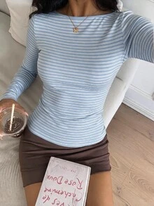 CovetEZ 95%棉全印花女款方領長袖T恤 - 藍色 - 查看 3