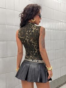 StreetHx Women's Leopard Print Zipper & Button Design Denim Vest Jacket - Multicolor - View 2