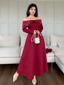 Feyla Women's Elegant Off-Shoulder Floral Embroidered Dress - Burgundy - View 3