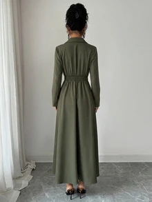 SHEIN Women's Olive Green Blazer Lapel Contrast Collar Ruched Waist With Star Metal Button Decor Cinched Waist Large A-Line Back Seam Long Sleeve Long Dress - Army Green - View 2