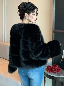 DAZY Solid Color Loose Long Sleeve Casual Vacation Elegant Autumn/Winter Thick Faux Fur Coat For Women - Black - View 2