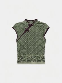 Nöista Top de manga corta, cuello alto estilo chino, con abertura diagonal. - Verde Oliva - Ver 9