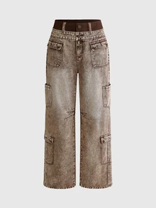 ROMWE Street Life Celana Jeans Denim Amerika Serbaguna Gaya Jalanan Vintage Wanita dengan Pinggang Kontras dan Banyak Kantong - Khaki - View 1