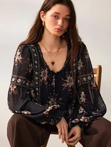 Willow Rêve Women's Black Loose Bell Sleeve Chiffon Blouse, Lace Trim With Tie Front, Vintage Floral Romantic Bohemian Style, Suitable For Spring/Autumn Vacation And Party Wear - Multicolor - View 6