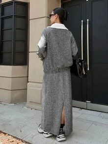 Strévra Women's Colorblock Lapel Single-Breasted Jacket And Skirt Casual 2 Pieces Set - Grey - View 2