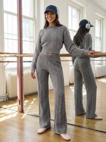 Livesso Women's Cable Knit Elastic Waist Casual Flare Leg Pants - Grey - View 3