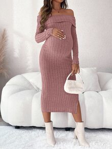 SHEIN 孕婦純色露肩長袖羅紋修身優雅洋裝 - 粉色 - 查看 3