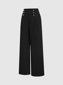 Sweetra Fashionable Versatile Commute Solid Color Wide Leg Suit Pants - Black - View 3