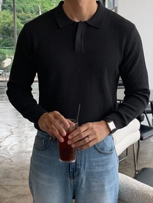 DAZY 春秋款黑色長袖 Polo 領半開襟純色通勤韓風男士針織上衣 - 黑色 - 查看 1