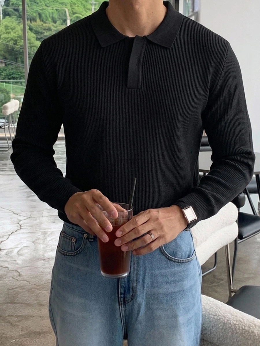 DAZY 春秋款黑色長袖 Polo 領半開襟純色通勤韓風男士針織上衣 - 黑色 - 查看 1