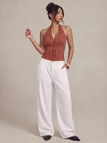 SHEIN PETITE سترة نسائية من القطن مخططة بياقة واقفة وأزرار أمامية فردية، بليزر خفيف للخريف/الشتاء - لون برتقالي - مشاهدة 3