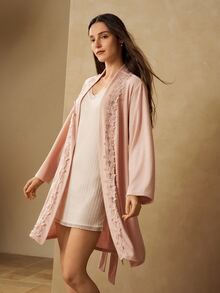 MOTF PREMIUM WOMEN'S SOLID COLOR CONTRAST LACE LONG ROBE WITH WAIST TIE - Beige - View 5