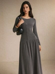 Poéselle 女款純色圓領長袖鈕扣設計休閒洋裝 - 灰色 - 查看 2