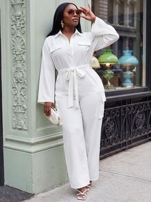 Slaydiva Autumn/Winter Plus Size White Utility Jumpsuit With Collar, Belt, Cinched Waist And Wide Leg - White - View 9
