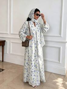 Yasmyna عباية بنمط زهري بأكمام طويلة وقصة فضفاضة - ازرق نعناع - مشاهدة 7