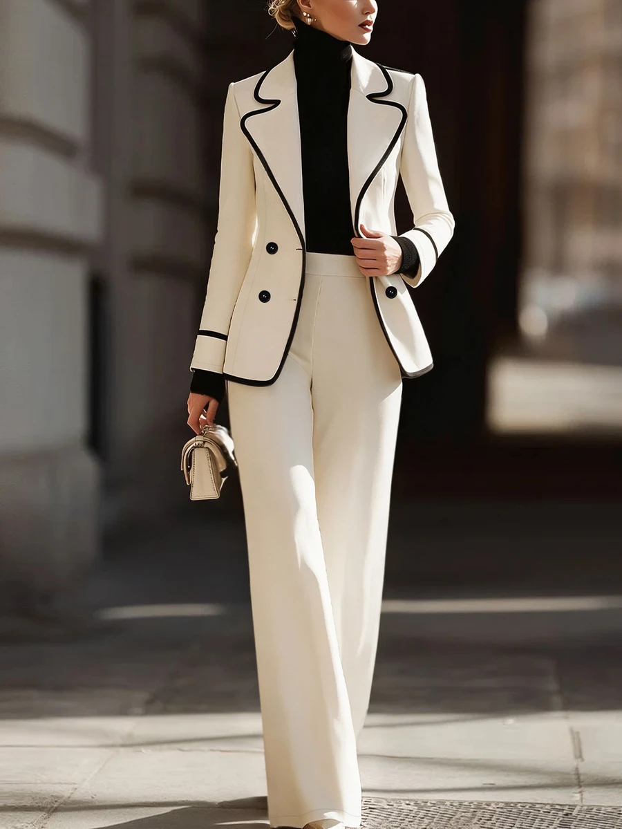 SHEIN Premium Contrast Trim Double-Breasted Blazer Suit Set For Women, Elegant Lapel Jacket With High-Waist Wide-Leg Trousers, 2 Pieces Commuter Outfit