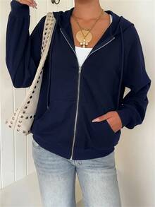 SHEIN EZwear Zip Up Raglan Sleeve Drawstring Hoodie,Long Sleeve Tops In Fall/Winter - Navy Blue - View 8