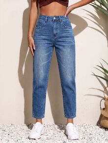 SHEIN PETITE 女款高腰口袋休閒百搭牛仔褲 - 藍色 - 查看 5