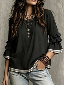 Glimmora Women's Summer Autumn New Contrast Color French Casual Loose Ruffle 3/4 Flare Sleeve Plus Size Blouse - Black - View 5