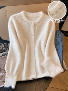 GlowEve CURVE Plus Size Faux Mink Knit Cardigan For Fall Winter, Rhinestone & Pearl Trim Round Neck, Pearl Buttons Puff Sleeve Elegant White Commuter Outerwear - Beige - View 2