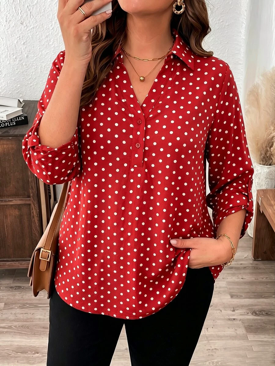SHEIN LUNE Áo sơ mi tay lỡ họa tiết da báo size lớn - Đỏ và trắng - Xem 1
