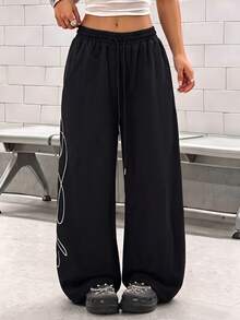 StreetHx Women's Letter Print Drawstring Waist Casual Wide Leg Pants - Black - View 6