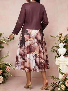 SHEIN Lady Plus Size Women Solid Color Long Sleeve Open Front Cardigan And Marble Print Dress Elegant Set Fall - Multicolor - View 2