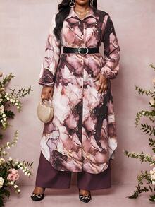 SHEIN Lady Plus Size Marble Print Shirt And Pants 2 Pieces Set - Multicolor - View 4